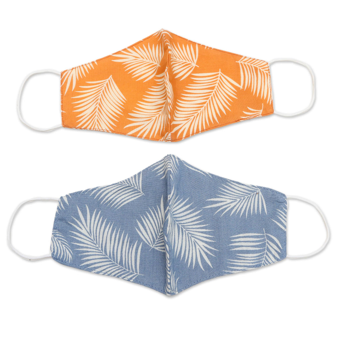 2 Masks Rayon Double Layer Handmade 1 Blue-1 Orange 'Tropica - Tropical Ferns
