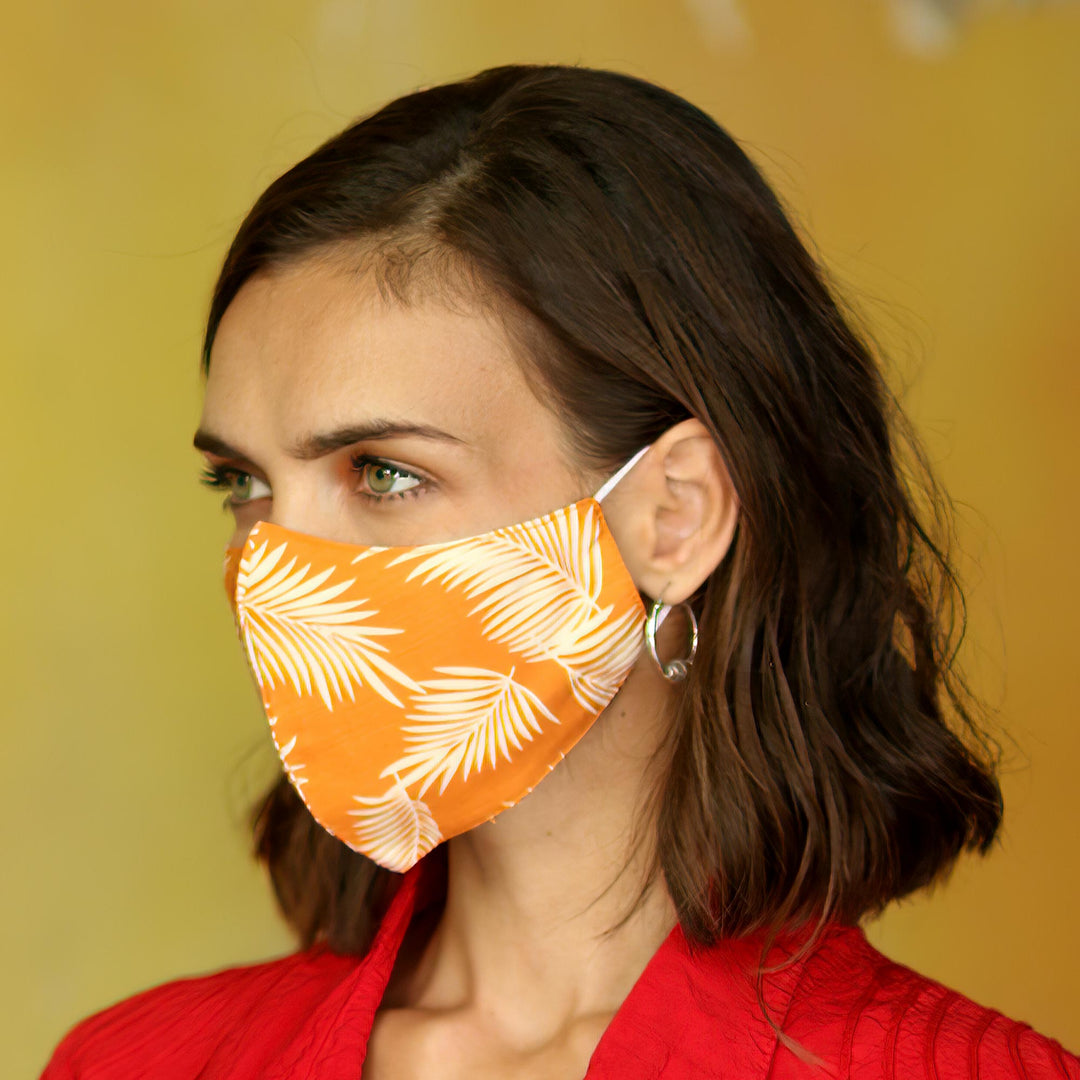 2 Masks Rayon Double Layer Handmade 1 Blue-1 Orange 'Tropica - Tropical Ferns