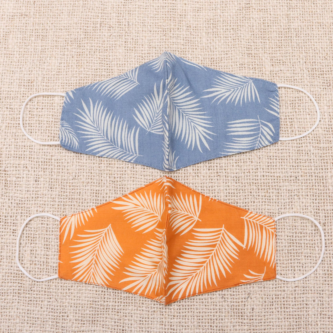 2 Masks Rayon Double Layer Handmade 1 Blue-1 Orange 'Tropica - Tropical Ferns