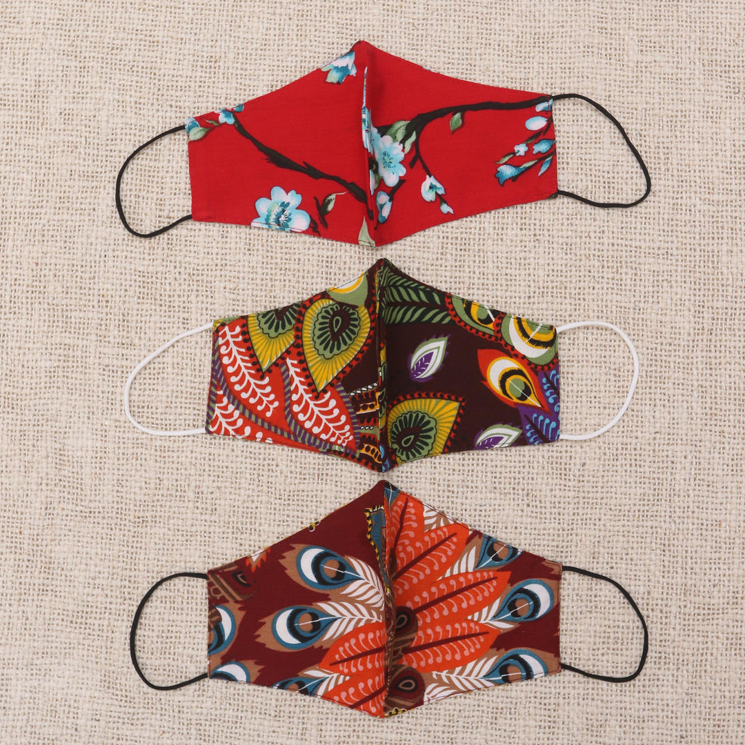 3 Colorful Nature Print 2-Layer Rayon Ear Loop Face Masks - Colors of Nature