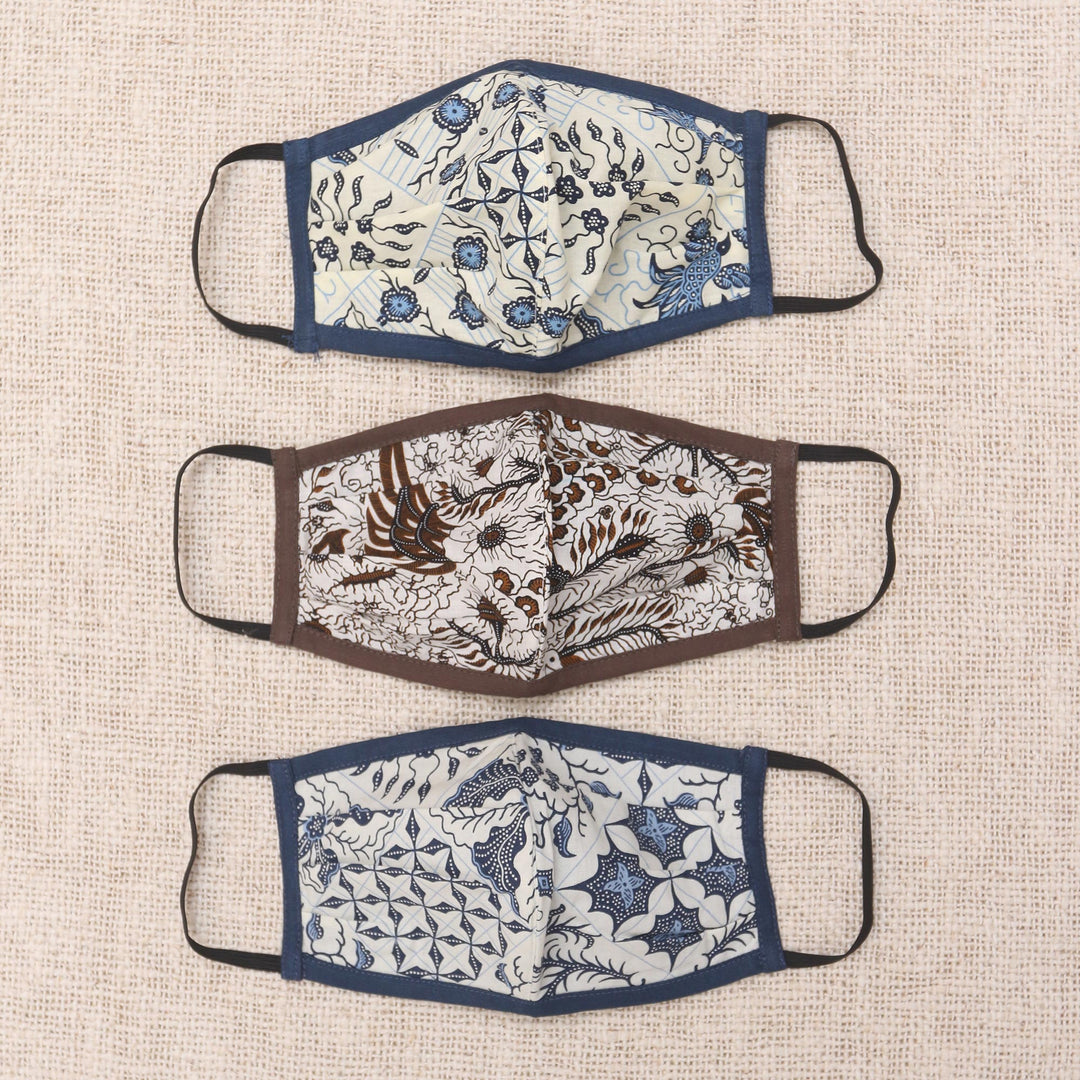 Set of 3 Cotton Face Masks with Elastic Ear Loops - Batik Beauty