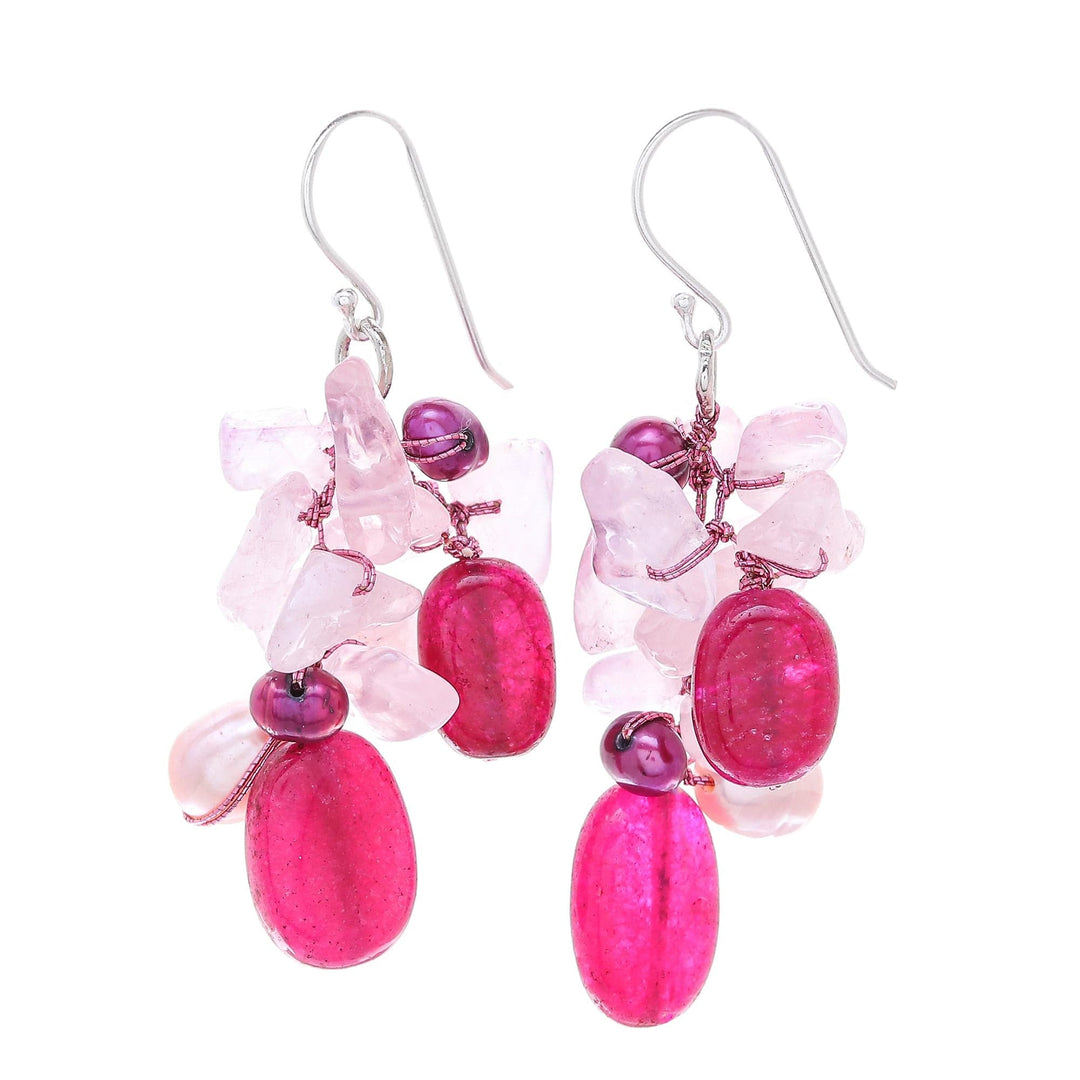 Rose Quartz Freshwater Pearl Dangle Earrings - Magenta Balloon