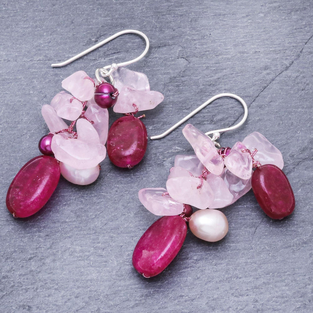 Rose Quartz Freshwater Pearl Dangle Earrings - Magenta Balloon