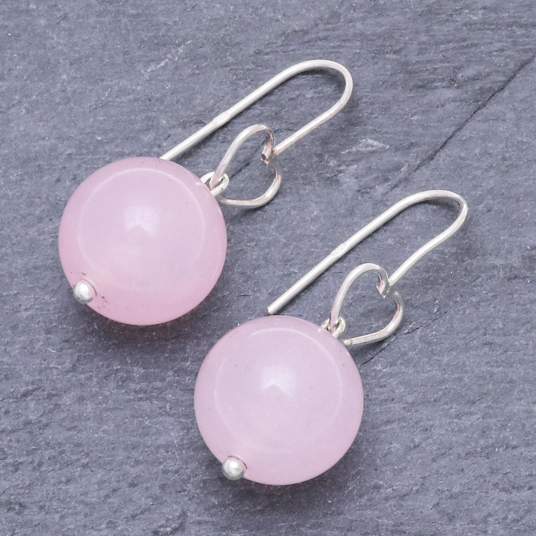 Sterling Silver and Rose Quartz Bead Heart Dangle Earrings - Ethereal Orbs in Pink