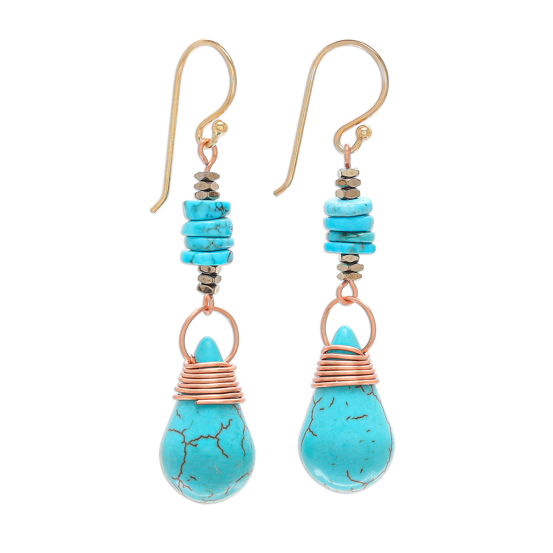 Howlite Pyrite Reconstituted Turquoise Dangle Earrings - Rainshower