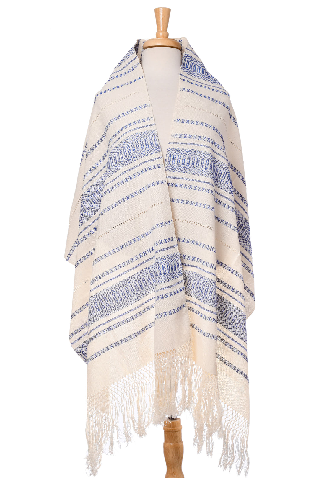 Hand Woven All Cotton Rebozo in Blue and Off-White - Oaxacan Rhythm in Sapphire