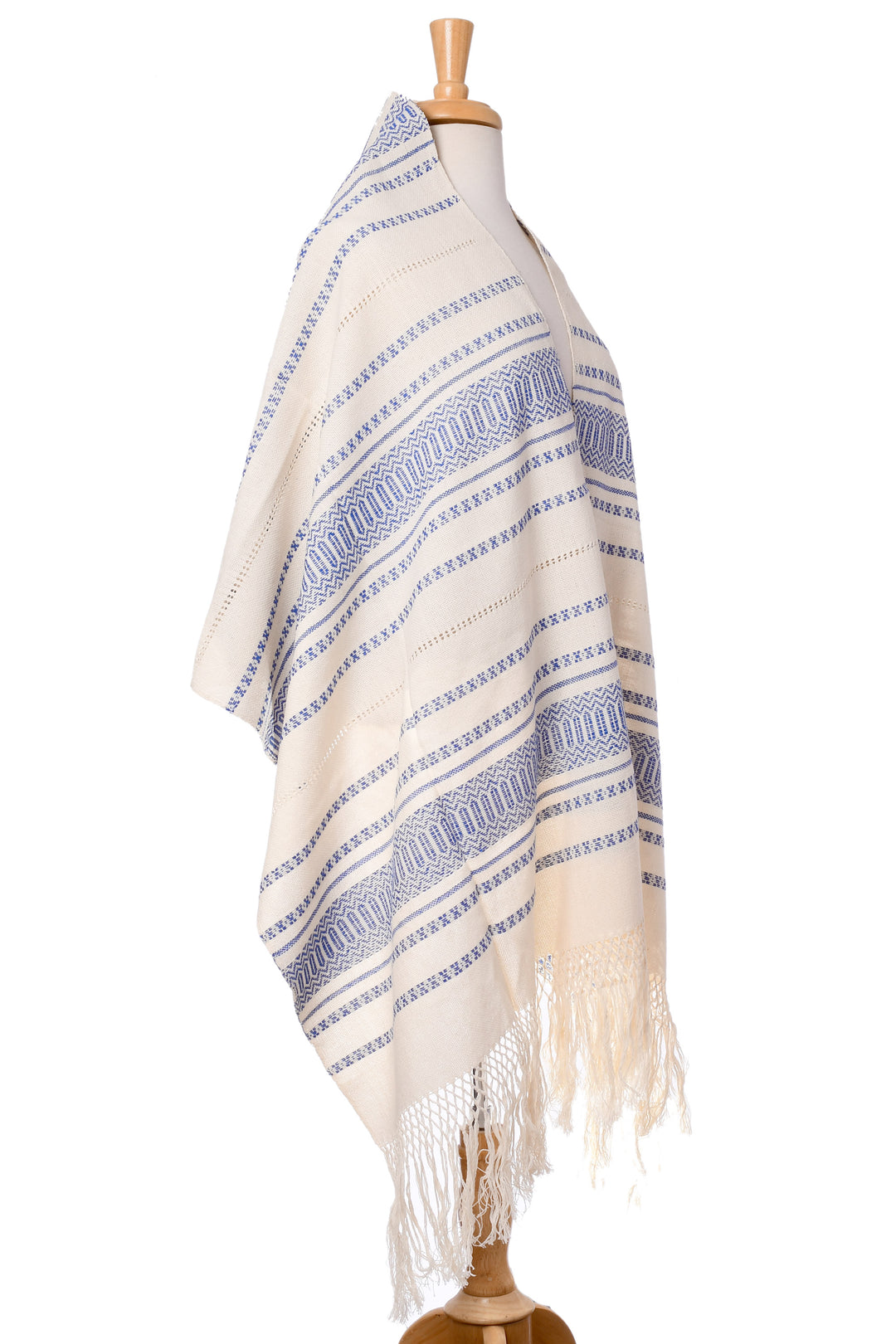 Hand Woven All Cotton Rebozo in Blue and Off-White - Oaxacan Rhythm in Sapphire