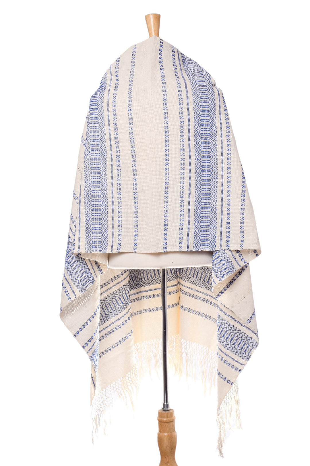 Hand Woven All Cotton Rebozo in Blue and Off-White - Oaxacan Rhythm in Sapphire