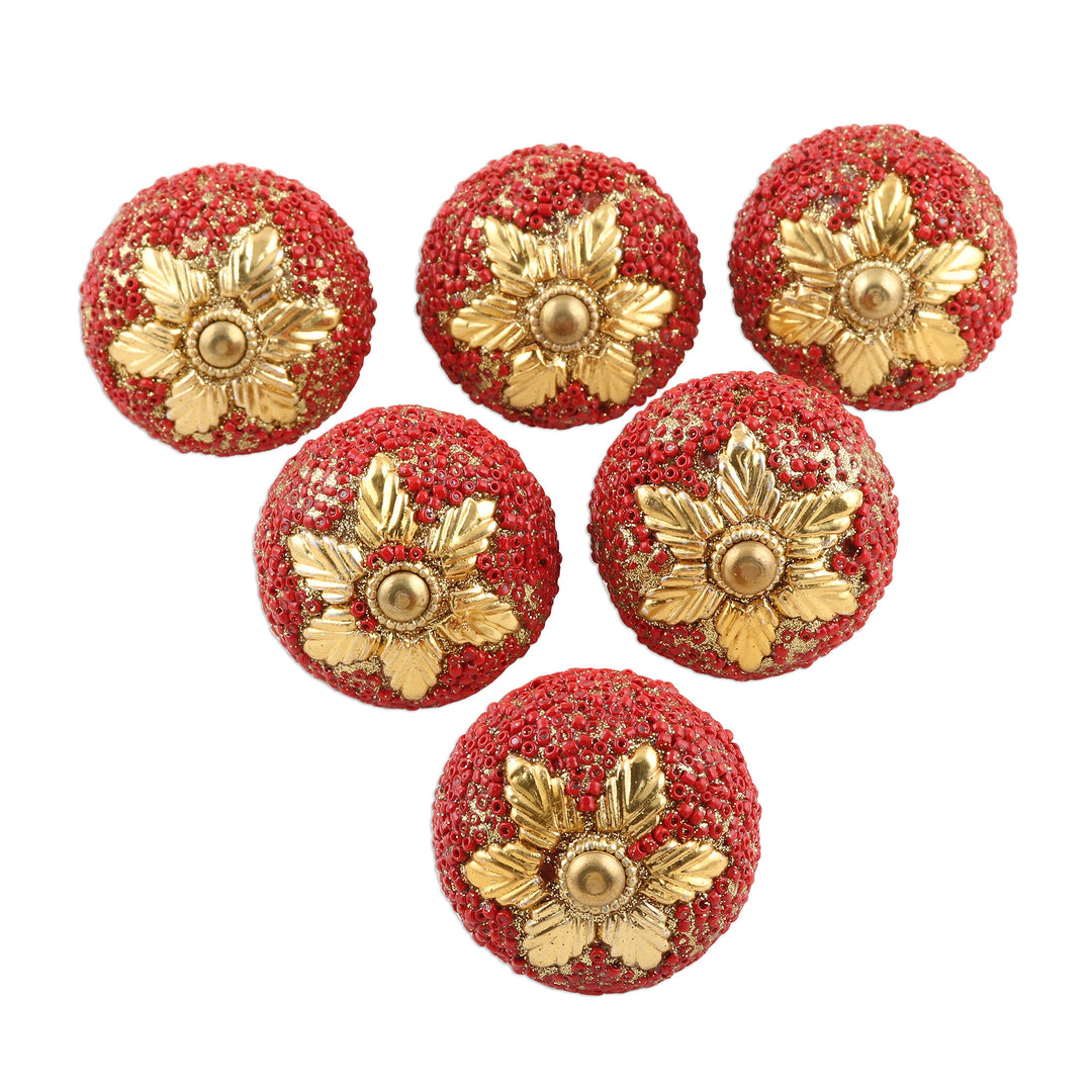 Set of 6 Red and Gold Wood Cabinet Knobs/Drawer Pulls - Golden Flower