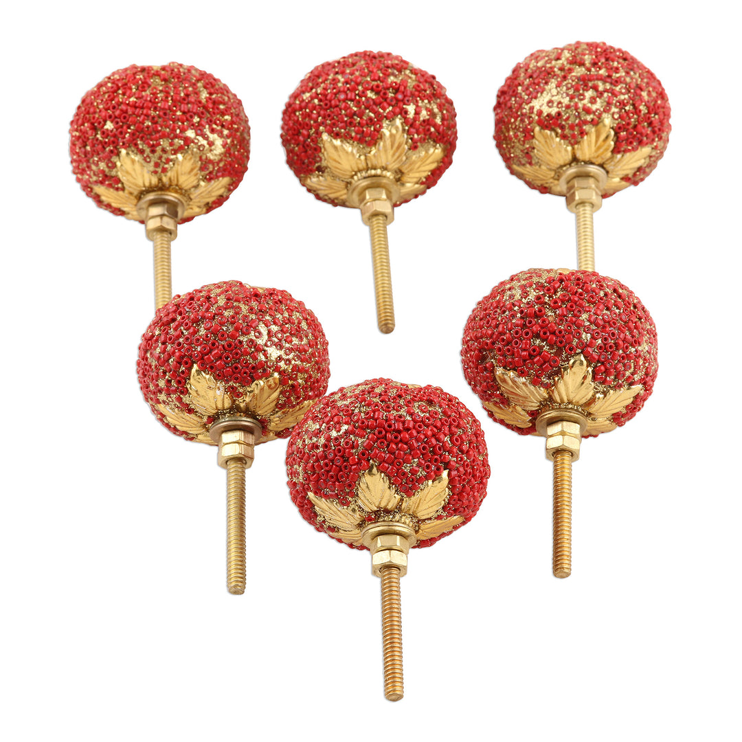 Set of 6 Red and Gold Wood Cabinet Knobs/Drawer Pulls - Golden Flower