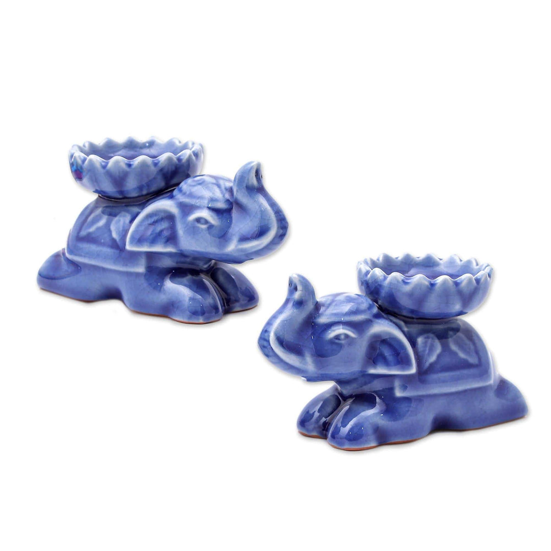 Blue Elephant Incense Holders from Thailand (Pair) - Polite Elephants in Blue