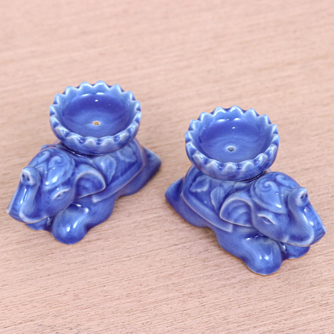 Blue Elephant Incense Holders from Thailand (Pair) - Polite Elephants in Blue