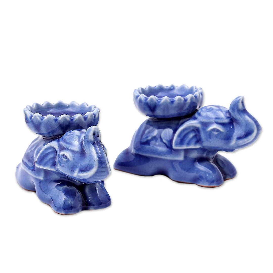 Blue Elephant Incense Holders from Thailand (Pair) - Polite Elephants in Blue