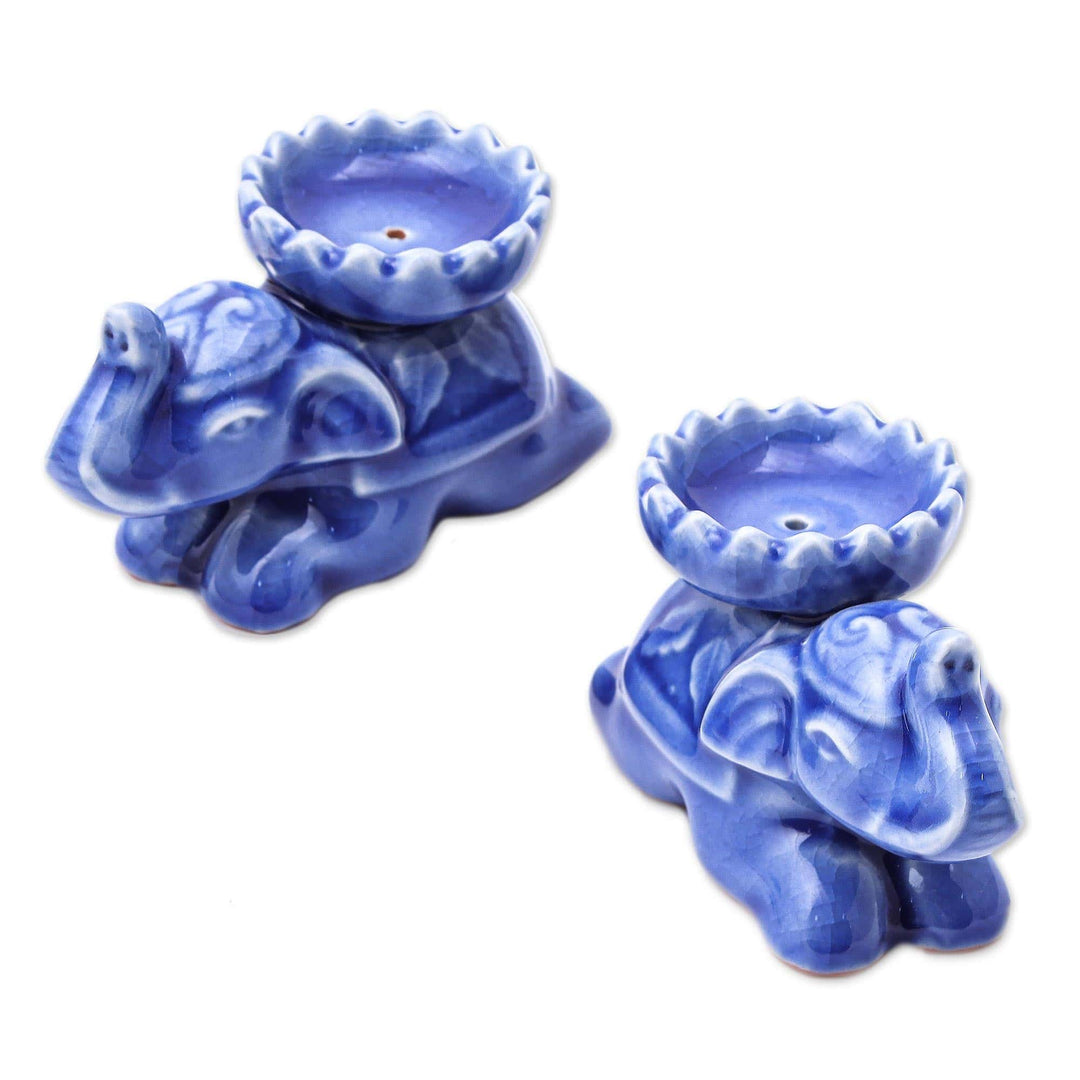 Blue Elephant Incense Holders from Thailand (Pair) - Polite Elephants in Blue