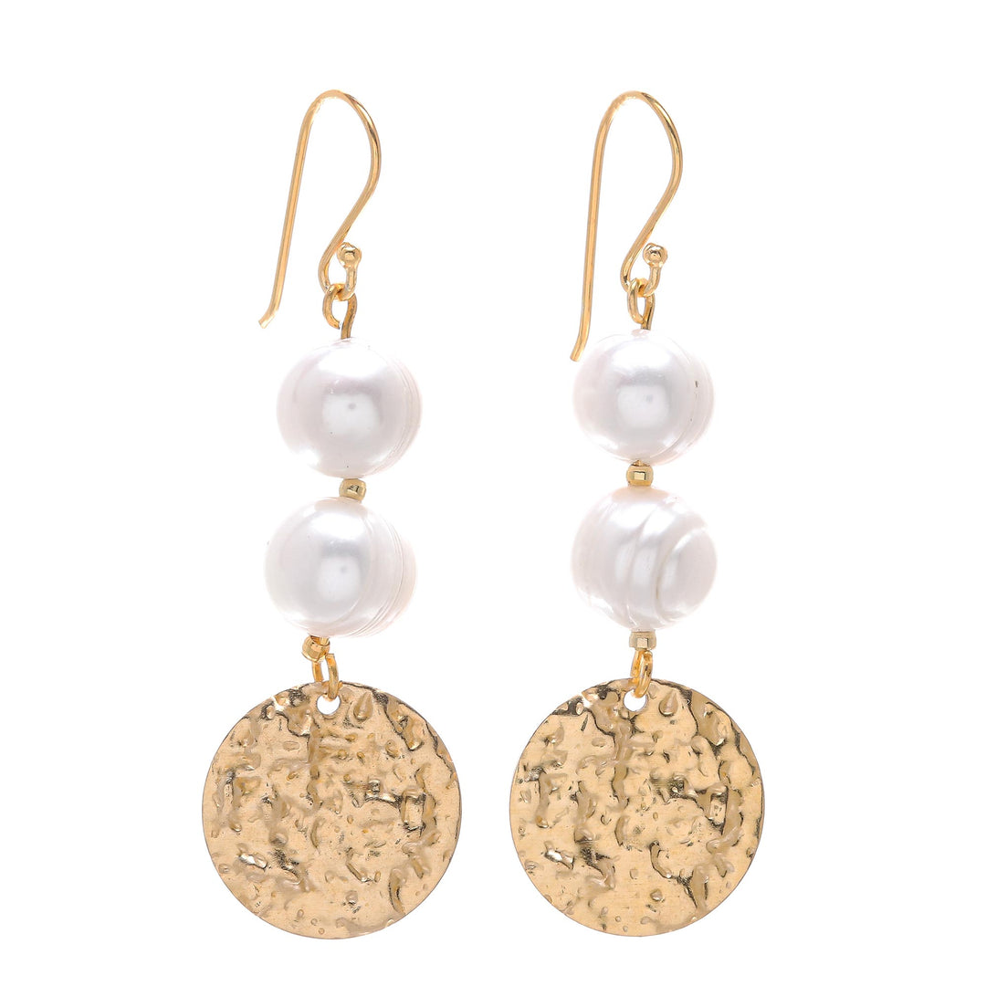 Cultured Pearl and Brass Coin Dangle Earrings - Golden Coin in White