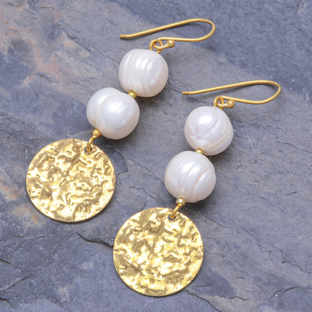 Cultured Pearl and Brass Coin Dangle Earrings - Golden Coin in White