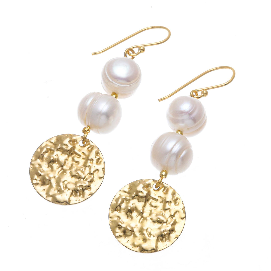 Cultured Pearl and Brass Coin Dangle Earrings - Golden Coin in White