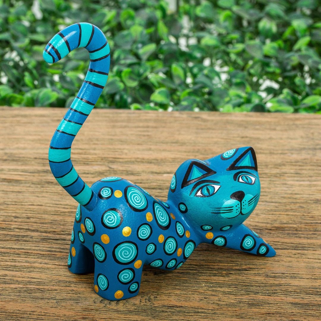 Modern Turquoise Cat Alebrije Sculpture - Turquoise Cat