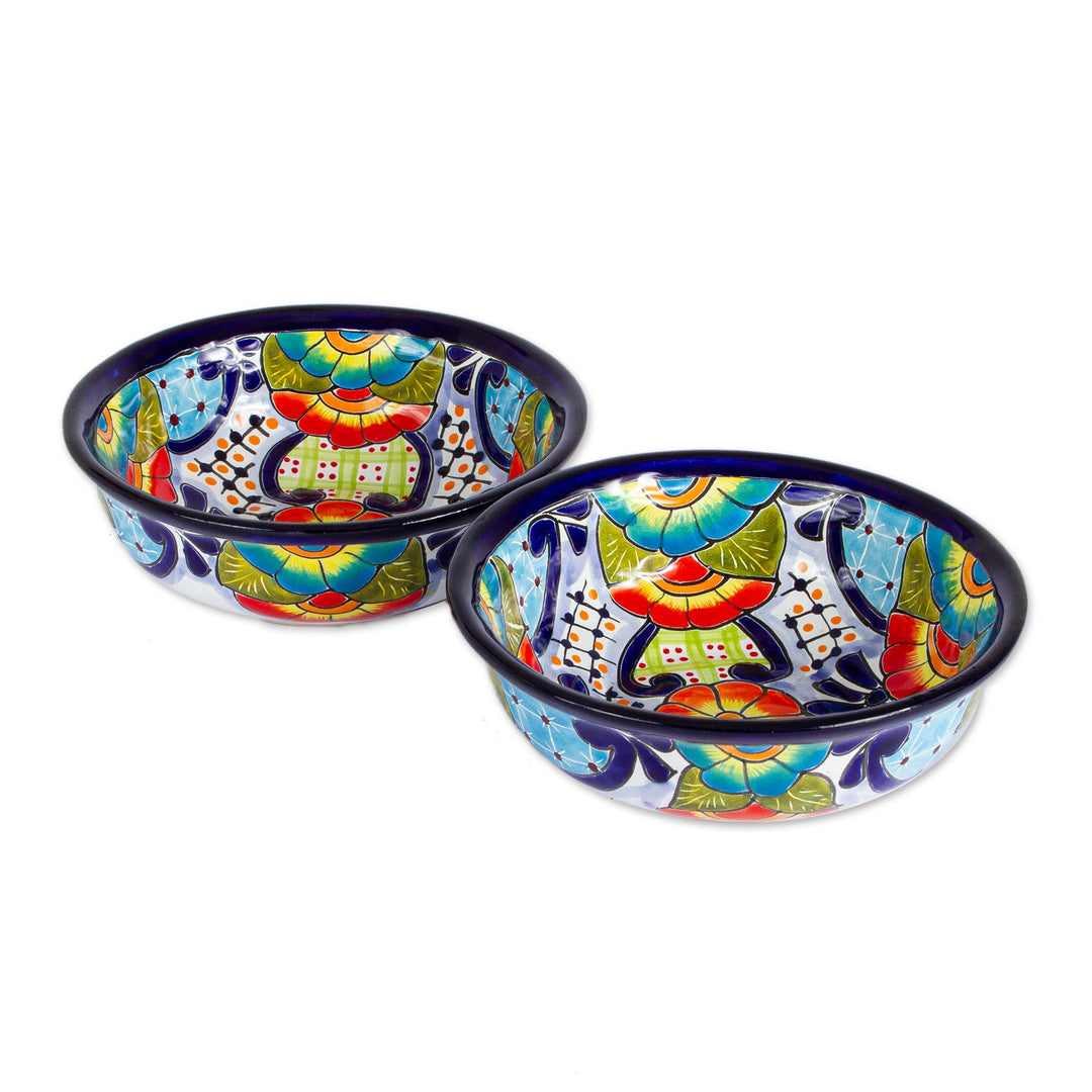 Mexican Talavera Style Ceramic Snack or Serving Bowls (Pair) - Raining Flowers