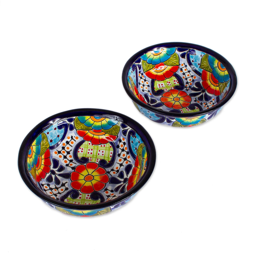 Mexican Talavera Style Ceramic Snack or Serving Bowls (Pair) - Raining Flowers