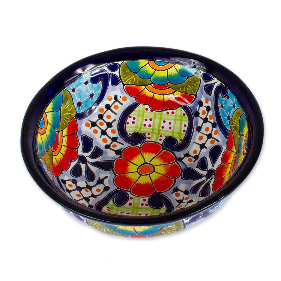 Mexican Talavera Style Ceramic Snack or Serving Bowl - Raining Flowers
