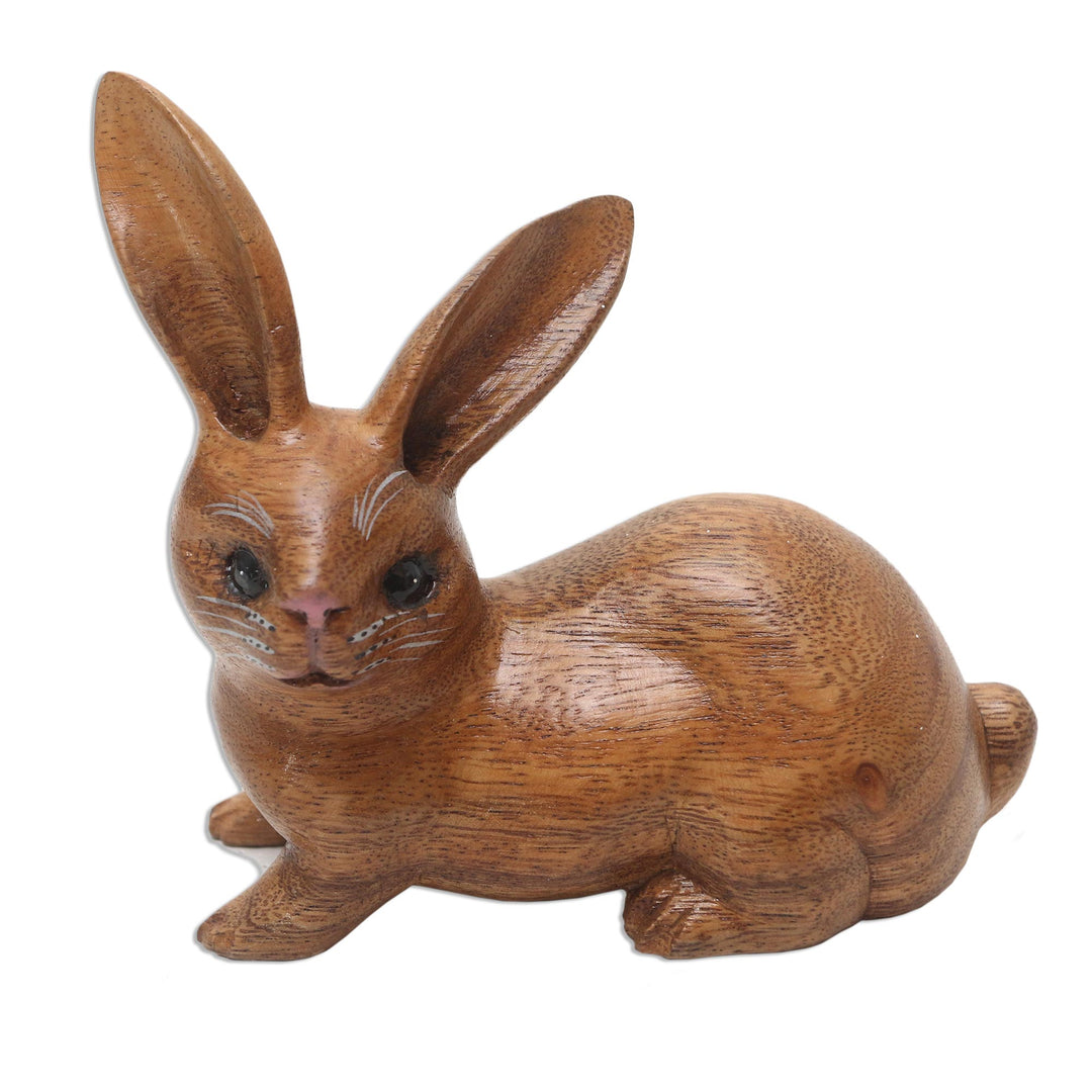 Handmade Suar Wood Rabbit Figurine - Wise Rabbit in Brown