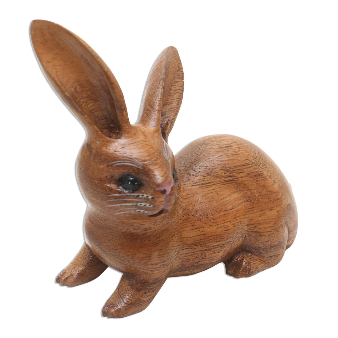 Handmade Suar Wood Rabbit Figurine - Wise Rabbit in Brown