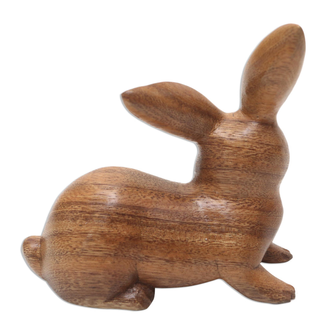 Handmade Suar Wood Rabbit Figurine - Wise Rabbit in Brown