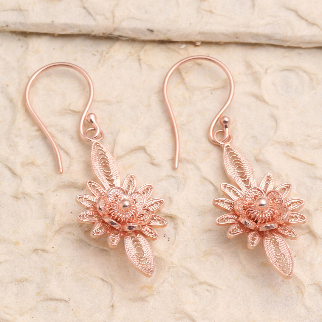 Hand Crafted Rose Gold Plated Flower Dangle Earrings - Flower Lights