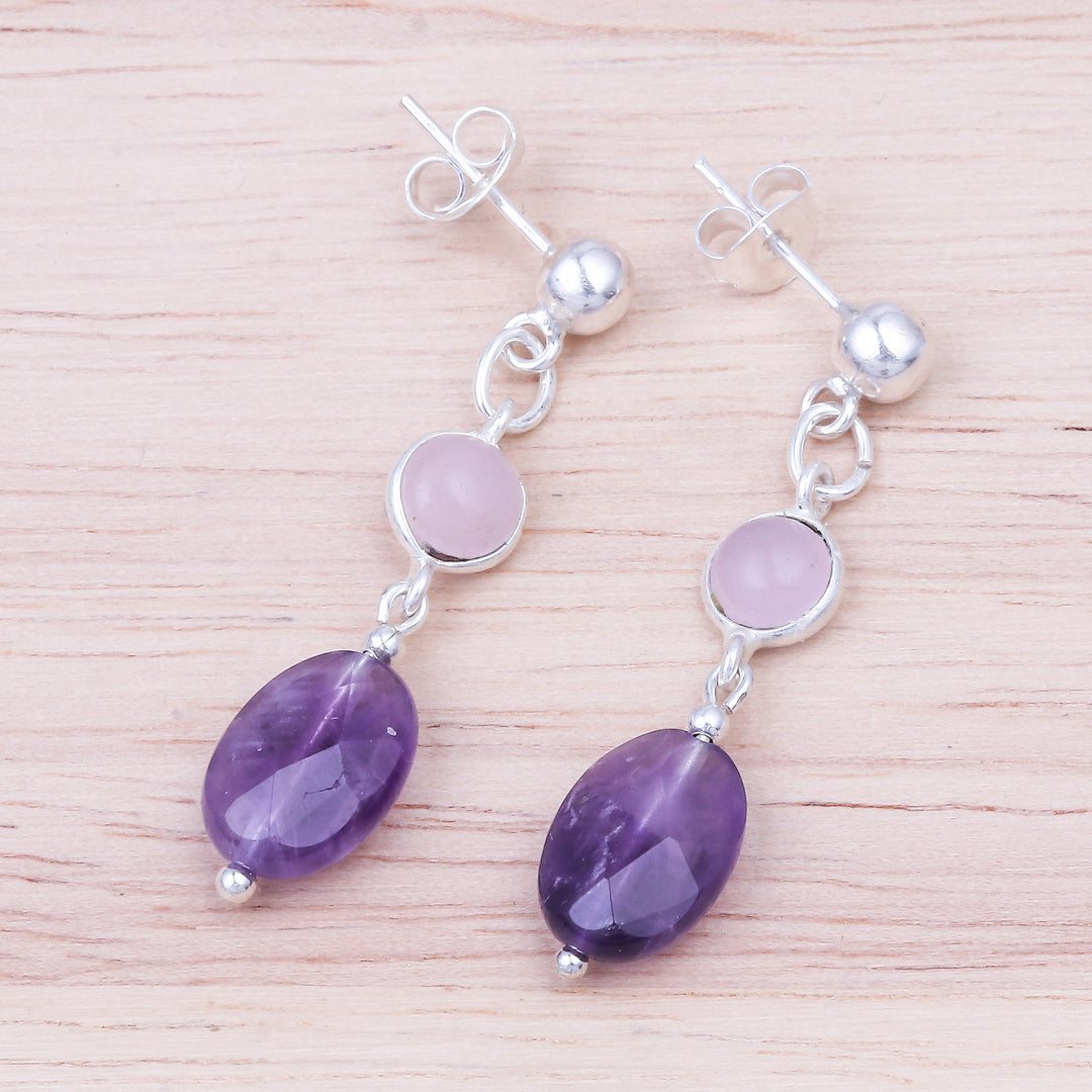 Rose Quartz and Faceted Amethyst Post Dangle Earrings - Lilac Season