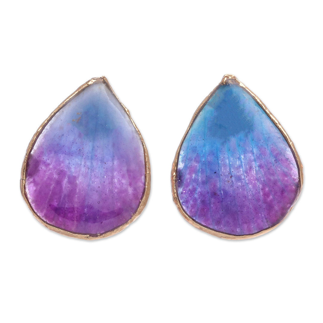 Hand Crafted Orchid Flower Button Earrings - Mini Rock Orchid in Blue