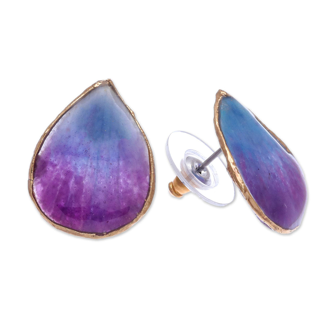 Hand Crafted Orchid Flower Button Earrings - Mini Rock Orchid in Blue