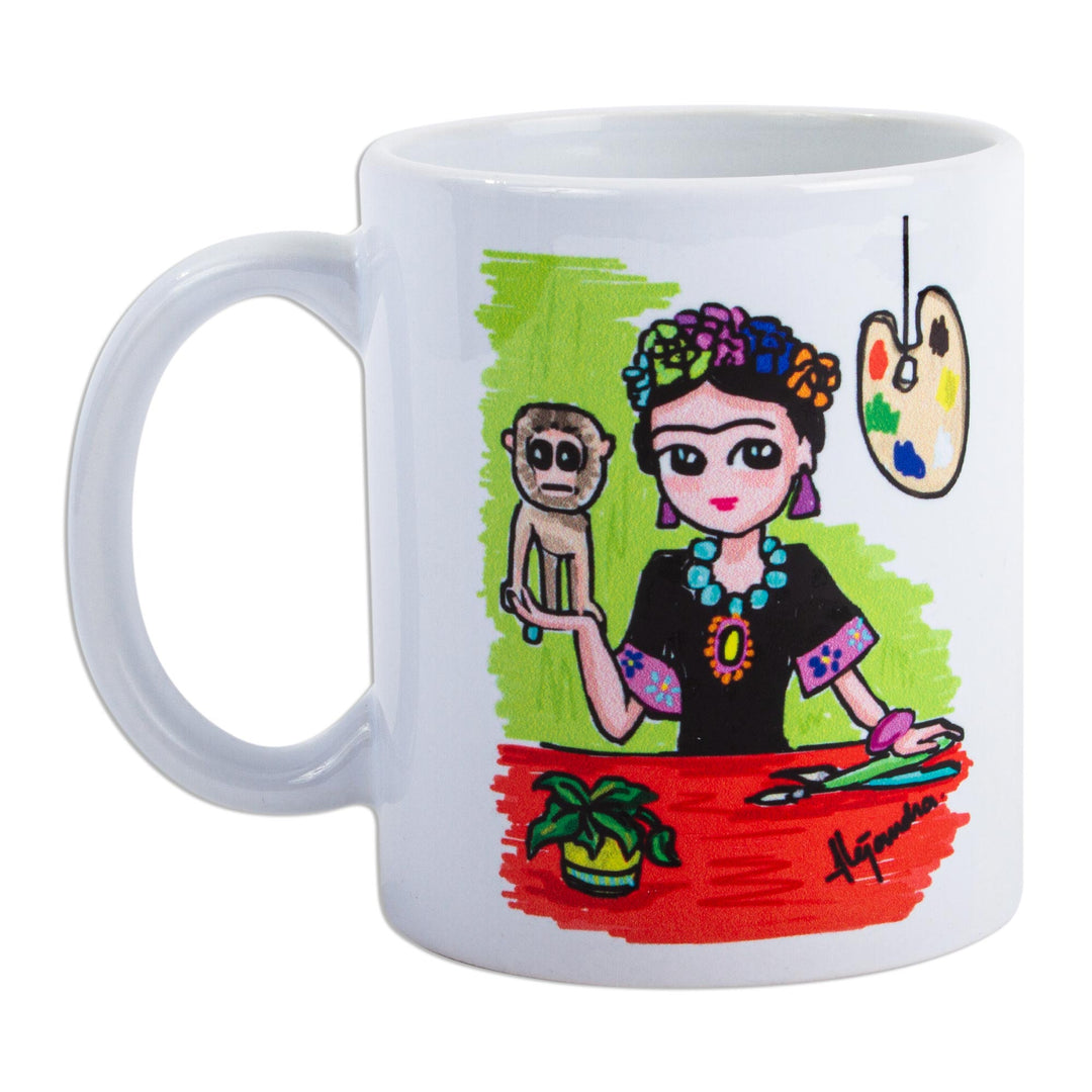Multicolored Frida-Themed Art Print Mug - Frida with Monkey