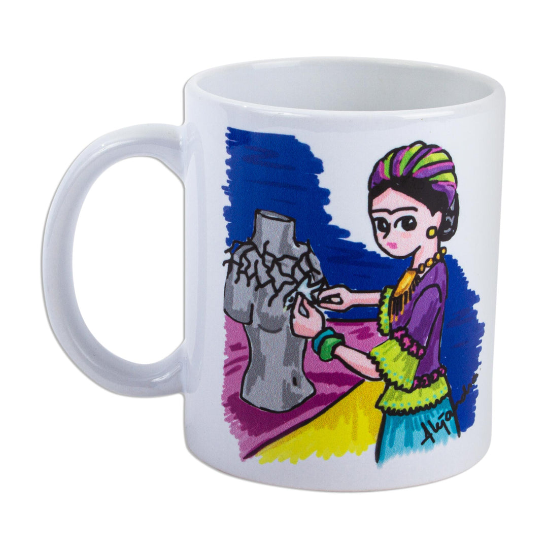 Frida-Themed Artwork Ceramic Mug - Frida with Thorn Necklace