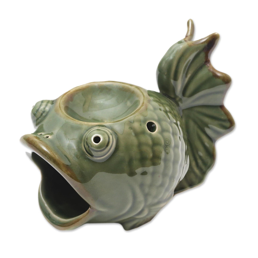 Green Ceramic Koi Fish Oil Warmer - Wide-Eyed Koi