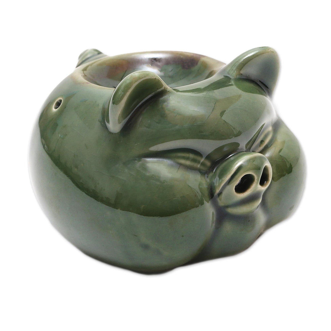 Hand Crafted Green Ceramic Pig Oil Warmer - Chubby Piglet