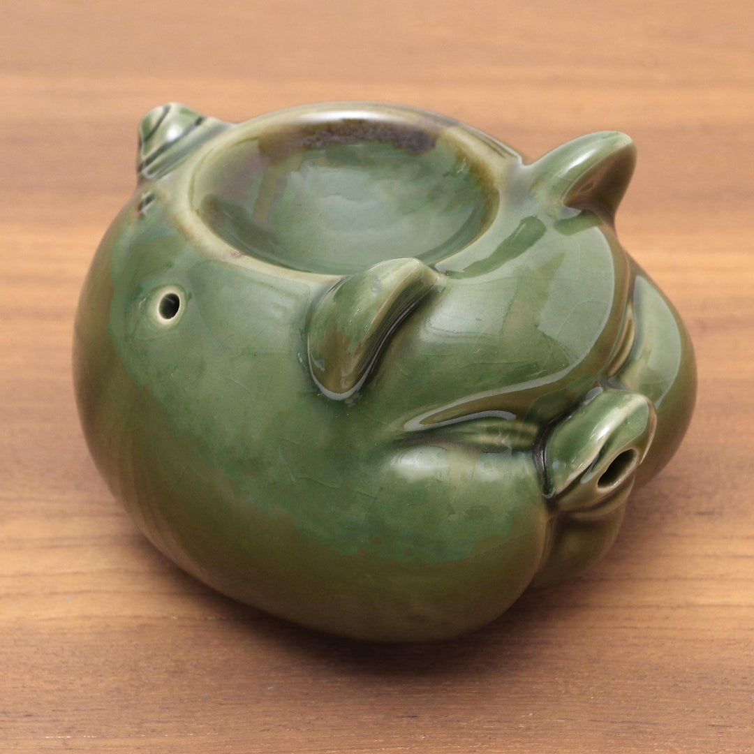 Hand Crafted Green Ceramic Pig Oil Warmer - Chubby Piglet