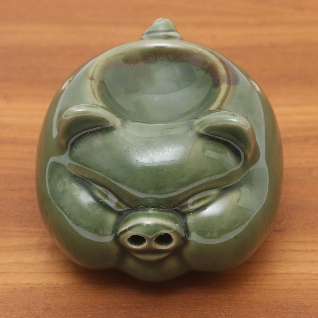 Hand Crafted Green Ceramic Pig Oil Warmer - Chubby Piglet