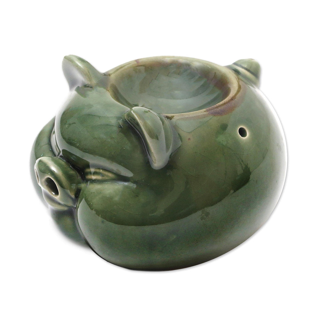 Hand Crafted Green Ceramic Pig Oil Warmer - Chubby Piglet