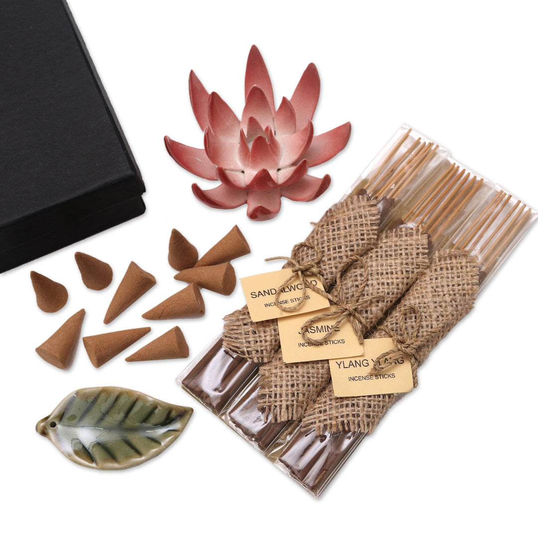 Ceramic Lotus Flower Aromatherapy Incense Boxed Set - Blooming Lotus in Pink