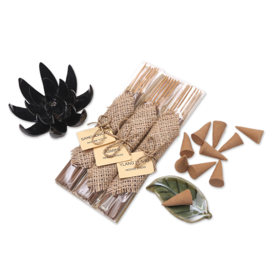 Boxed Aromatherapy Incense and Holder Set - Blooming Lotus in Black