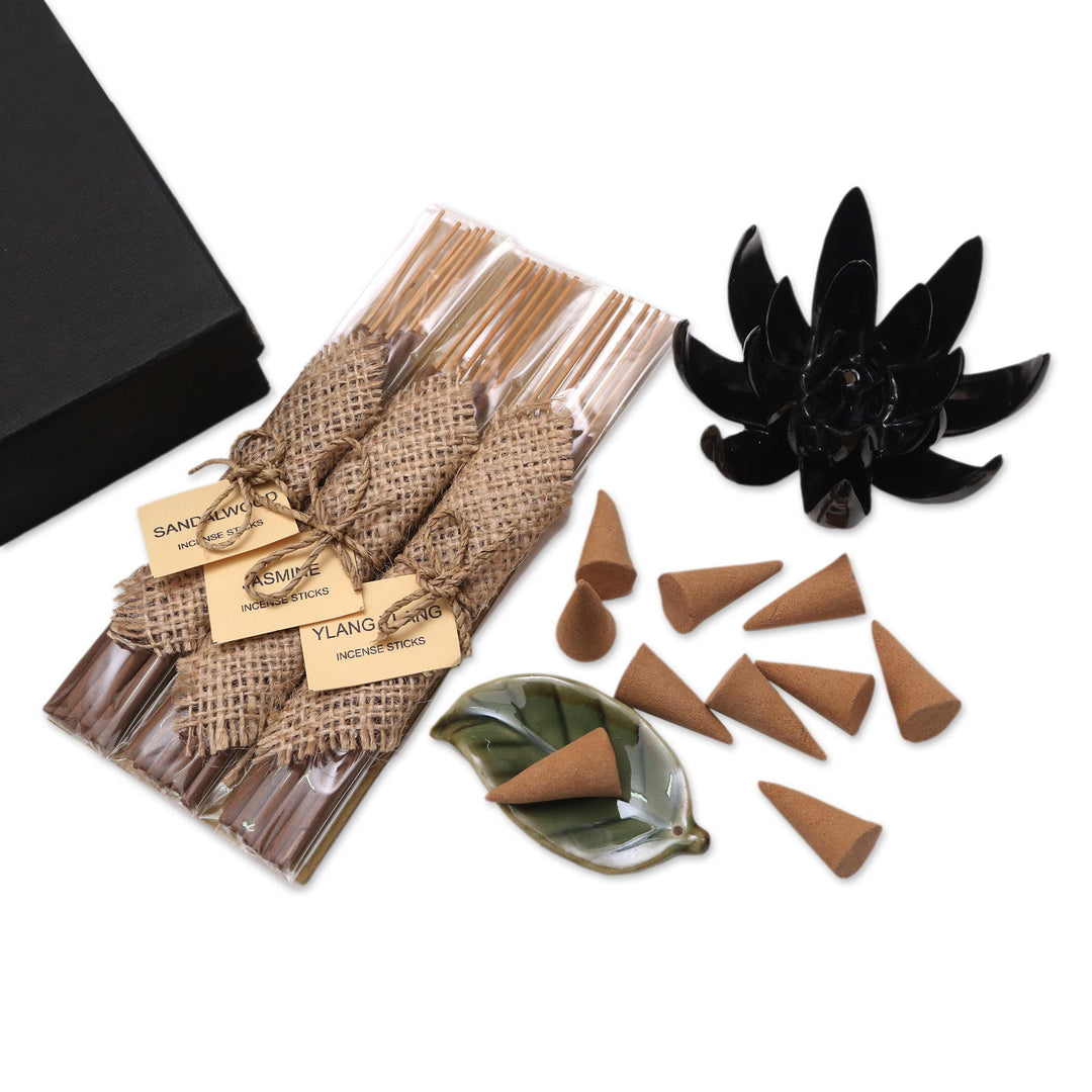 Boxed Aromatherapy Incense and Holder Set - Blooming Lotus in Black