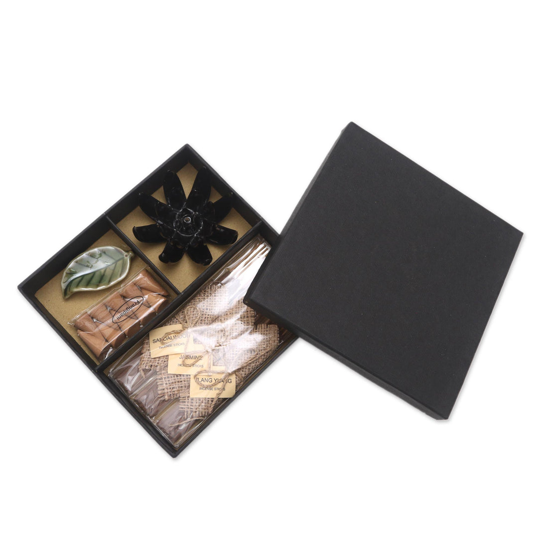 Boxed Aromatherapy Incense and Holder Set - Blooming Lotus in Black