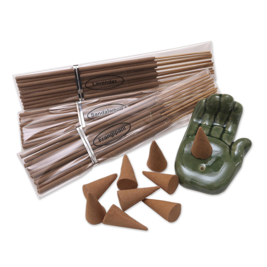 Boxed Incense Gift Set with Ceramic Holder - Green Palm