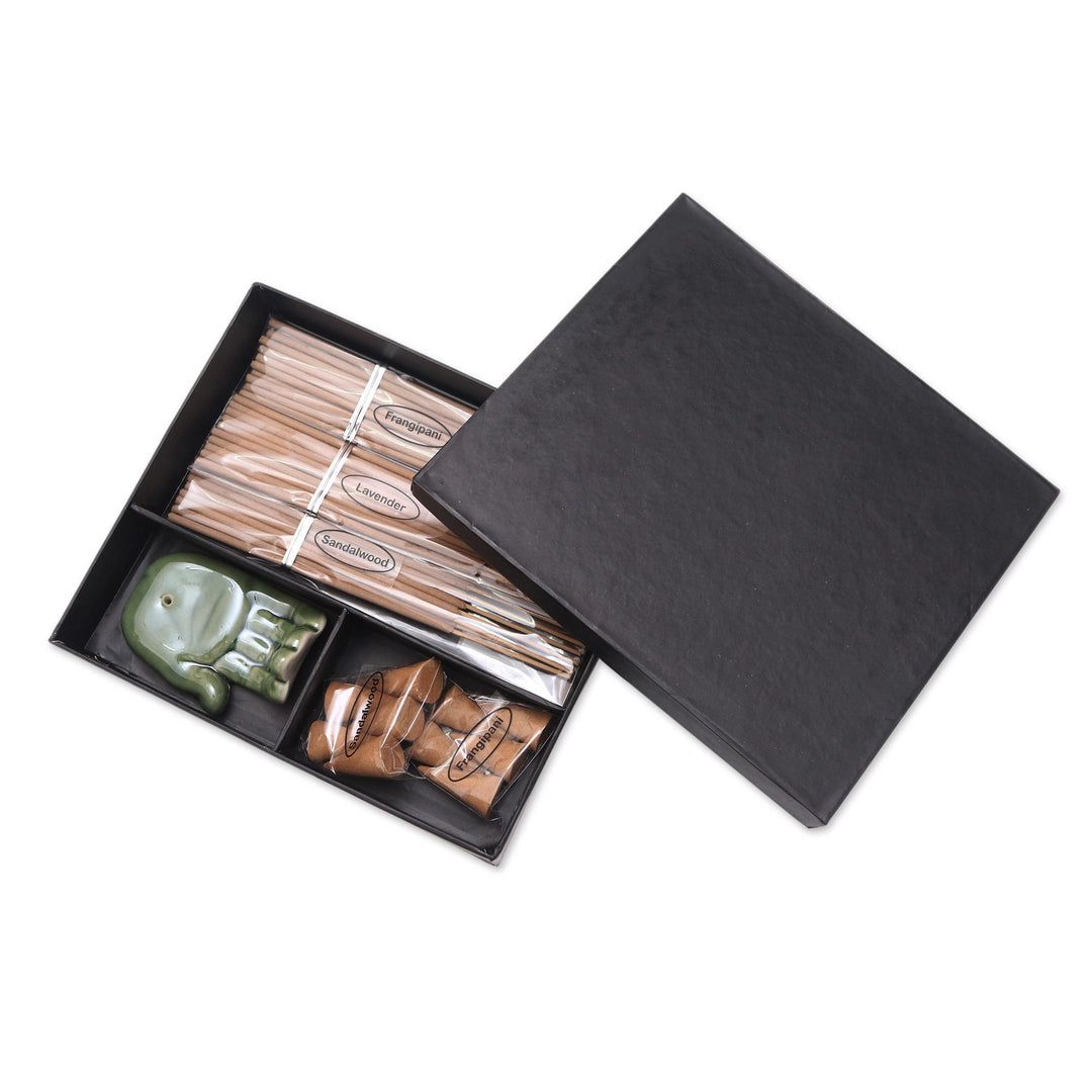 Boxed Incense Gift Set with Ceramic Holder - Green Palm