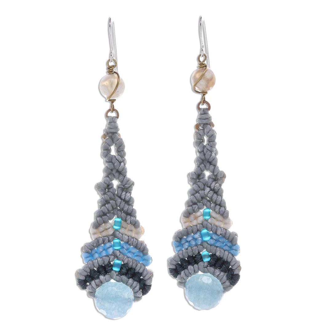 Quartz and Agate Macrame Beaded Dangle Earrings - Raindrop in Blue
