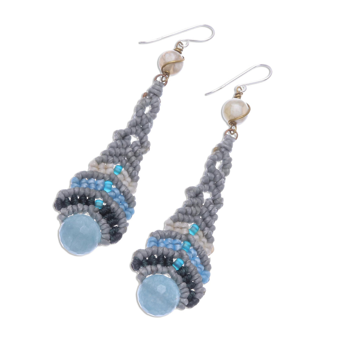 Quartz and Agate Macrame Beaded Dangle Earrings - Raindrop in Blue