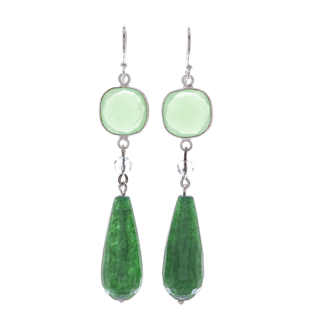 Green Chalcedony and Quartz Silver Dangle Earrings - Easy Being Green