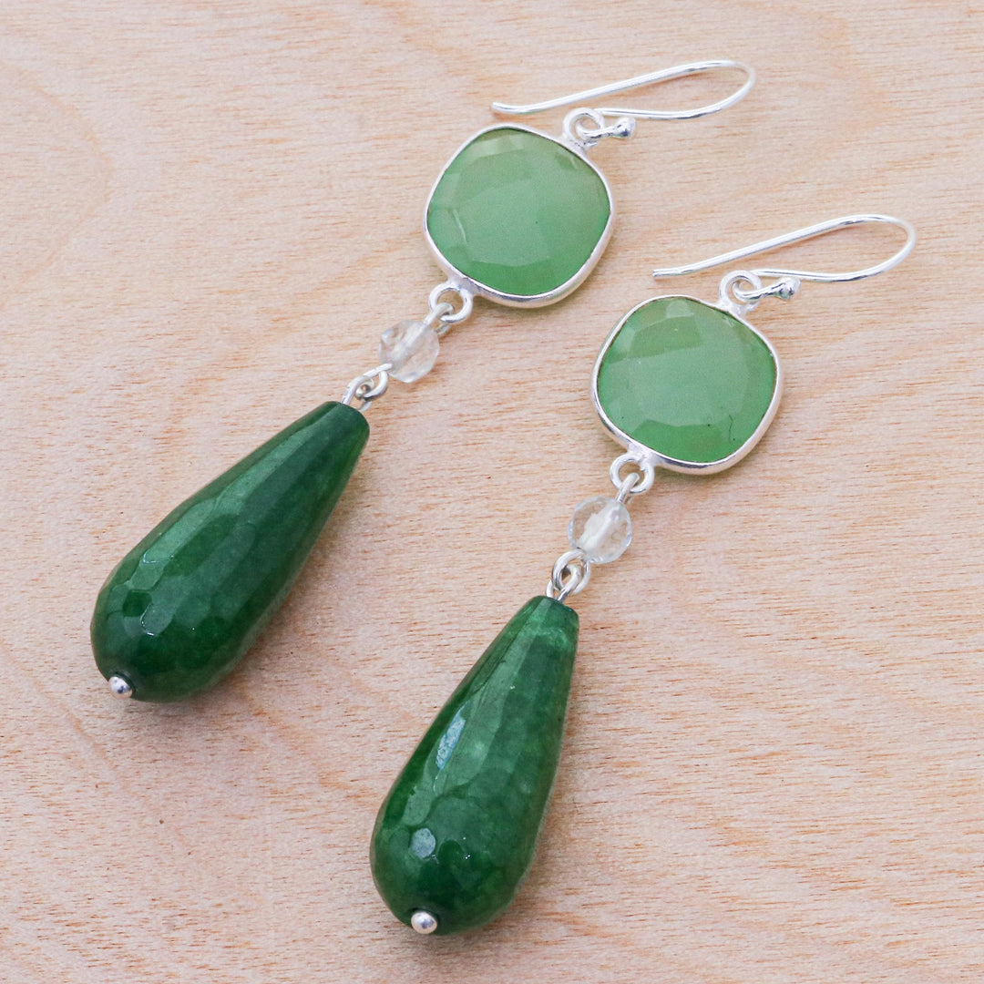 Green Chalcedony and Quartz Silver Dangle Earrings - Easy Being Green