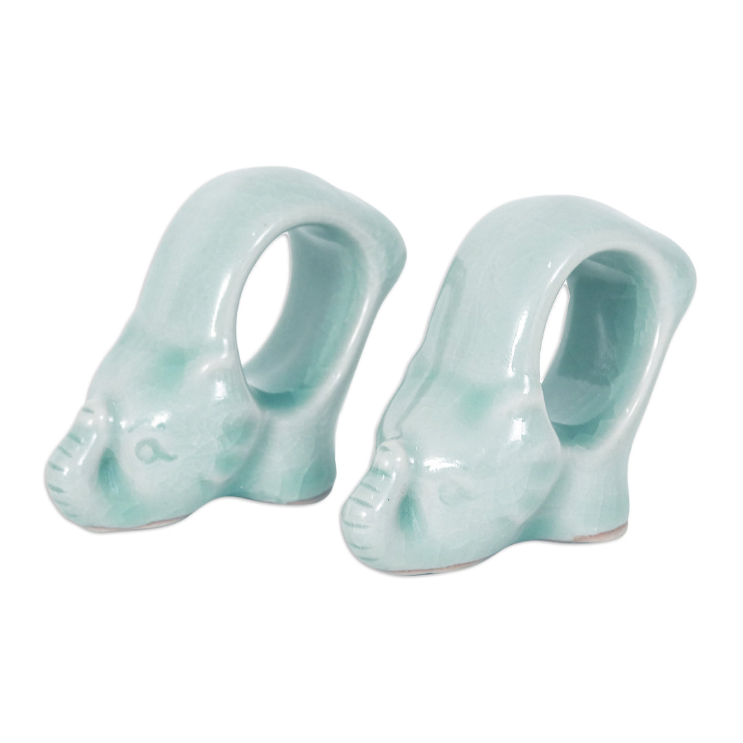 Elephant-Themed Blue Celadon Ceramic Napkin Rings (Pair) - Grand Blue Elegance